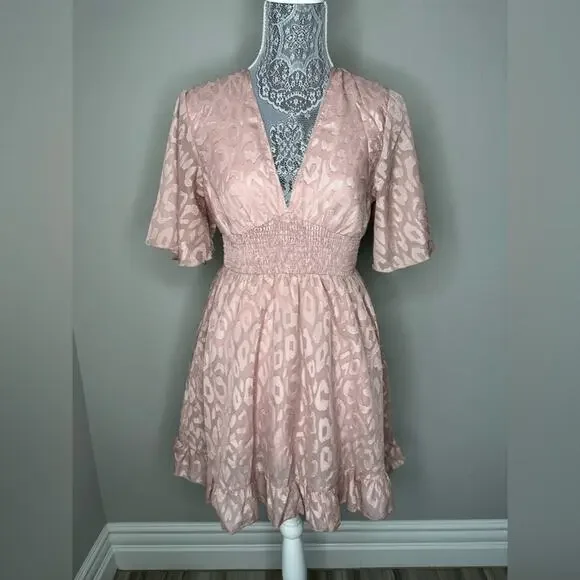 Cute Leopard Print Empire Waist Ruched Flutter Sleeve Mini Dress Pink Size XS - Picture 8 of 8